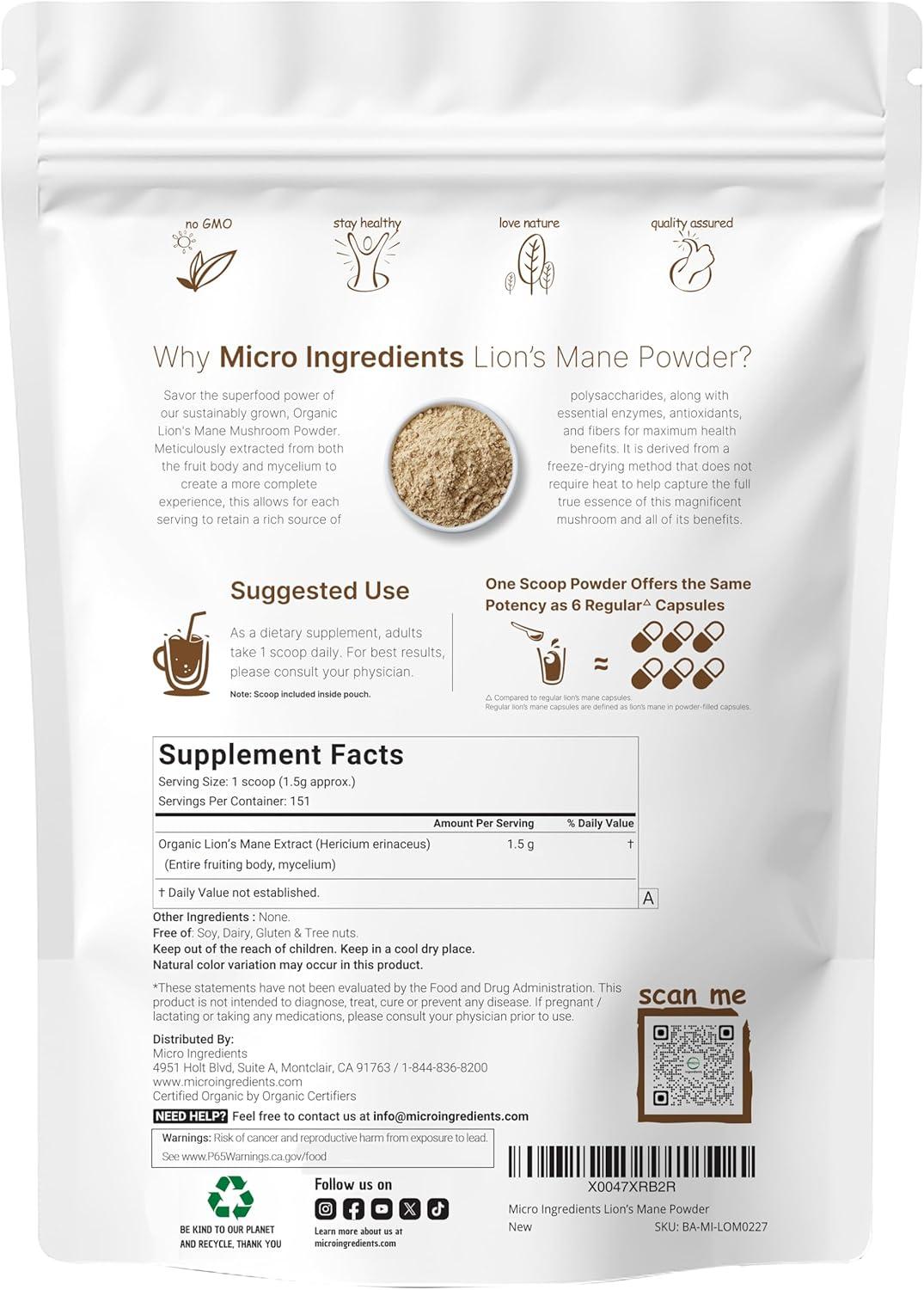 image:imageMicro Ingredients Organic Lions Mane Mushroom Powder 16oz Pure Fruiting Body Superfood Supports Brain Focus Energy amp Immune Health Great for Smoothies amp Coffee Filler Free Vegan NonGMO8 Ounce Pack of 1