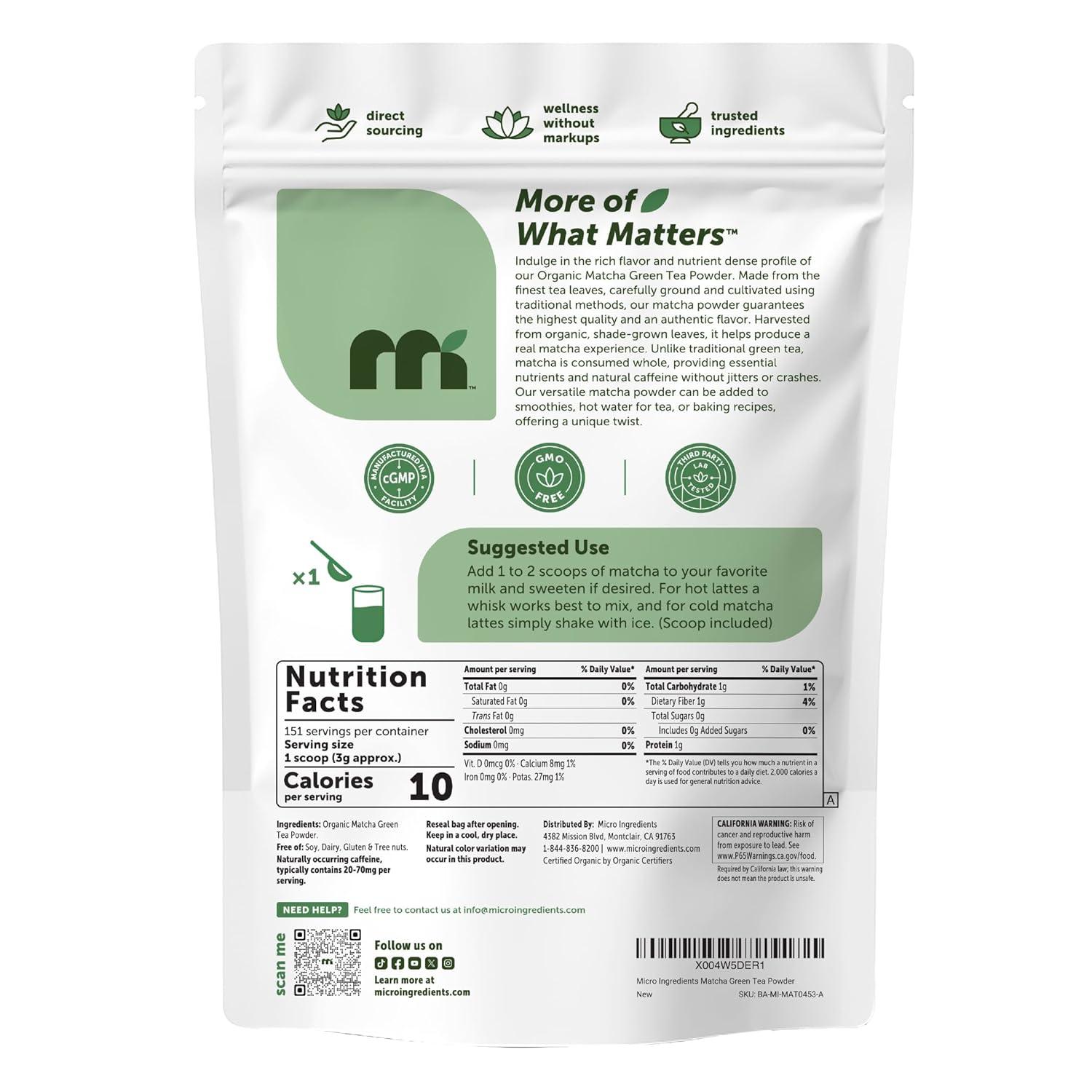 image:imageMicro Ingredients Organic Matcha Green Tea Powder 2 lb First Harvest Culinary Grade from Japan 100 Pure amp Unflavored Great for Tea Latte amp Smoothies NonGMO 0 Calories EcoFriendly Packaging16 Ounce Pack of 1