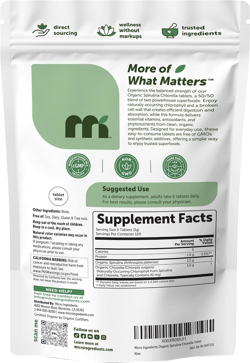 image:imageMicro Ingredients Organic Spirulina Chlorella Tablets 720 Count 4 Month Supply 5050 Algae Blend Broken Cell Wall NonGMO Filler Free
