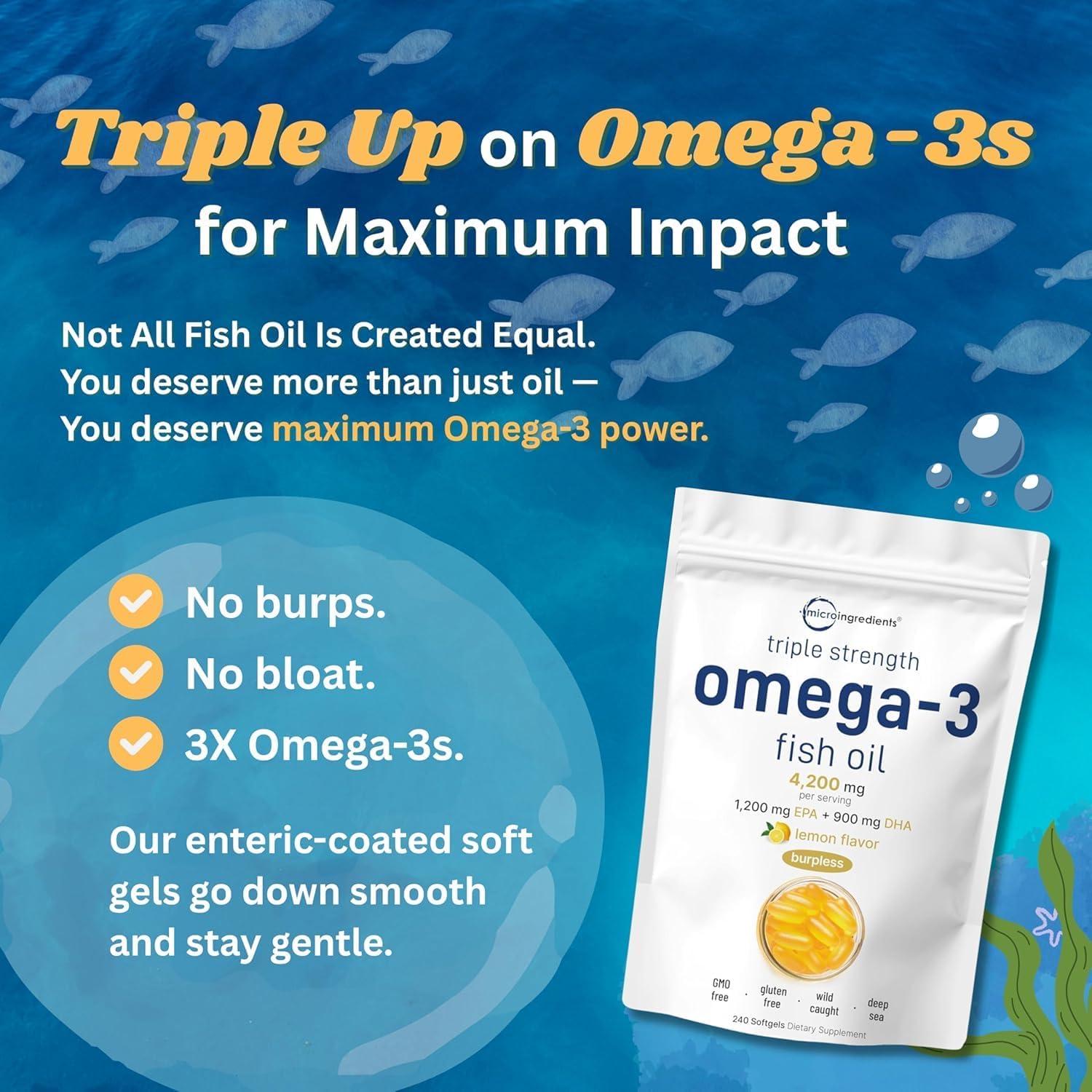 image:imageMicro Ingredients Triple Strength Omega 3 Fish Oil Supplements 4200mg Per Serving 240 Softgels Lemon Flavored Burpless EPA 1200mg DHA 900mg Deep Sea Fish240 Count Pack of 1