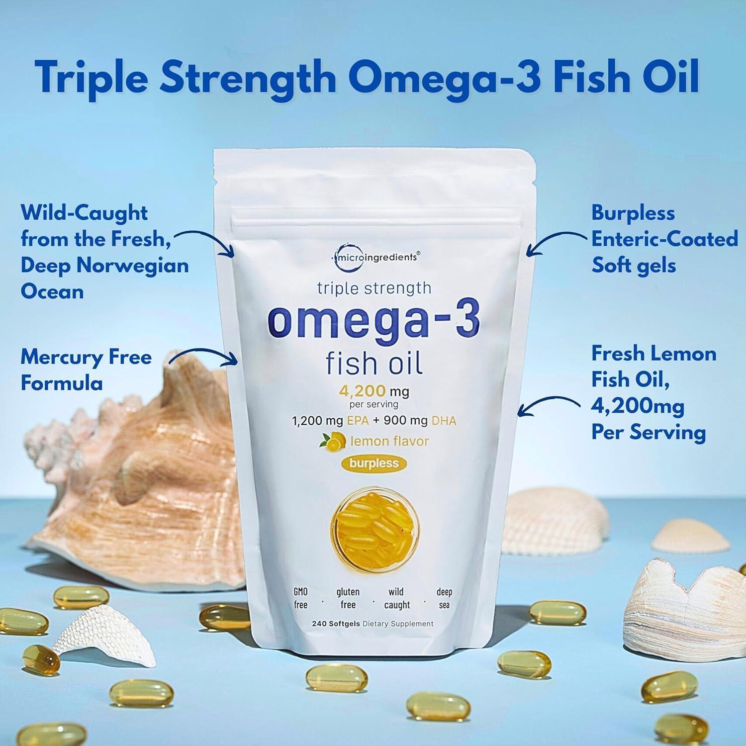 image:imageMicro Ingredients Triple Strength Omega 3 Fish Oil Supplements 4200mg Per Serving 240 Softgels Lemon Flavored Burpless EPA 1200mg DHA 900mg Deep Sea Fish240 Count Pack of 1
