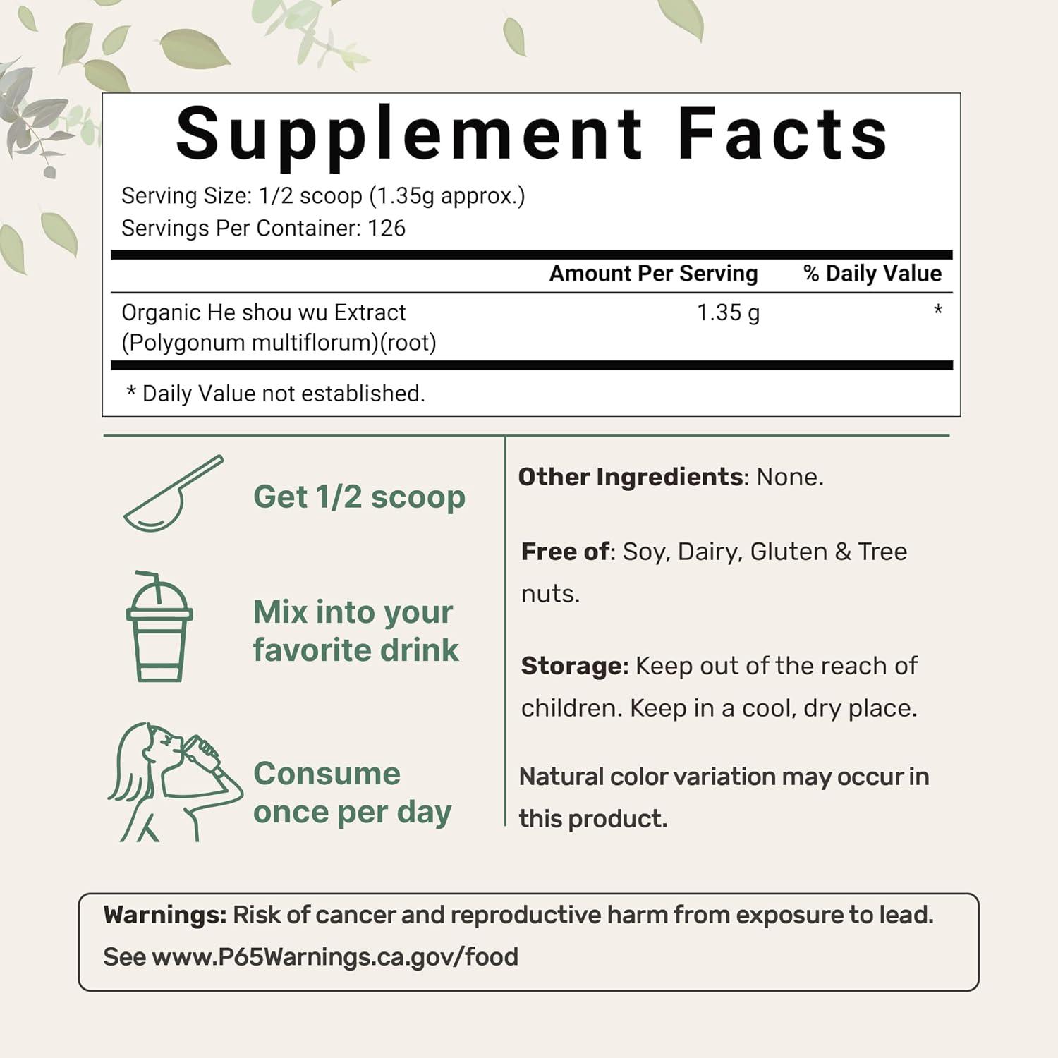 image:imageOrganic He Shou Wu Pure Fo Ti Extract Powder 6 Ounce Prepared Foti Steaming with Black Bean Traditional Anti Aging Herb Promotes Hair Health and Antioxidant Filler Free and No GMOs