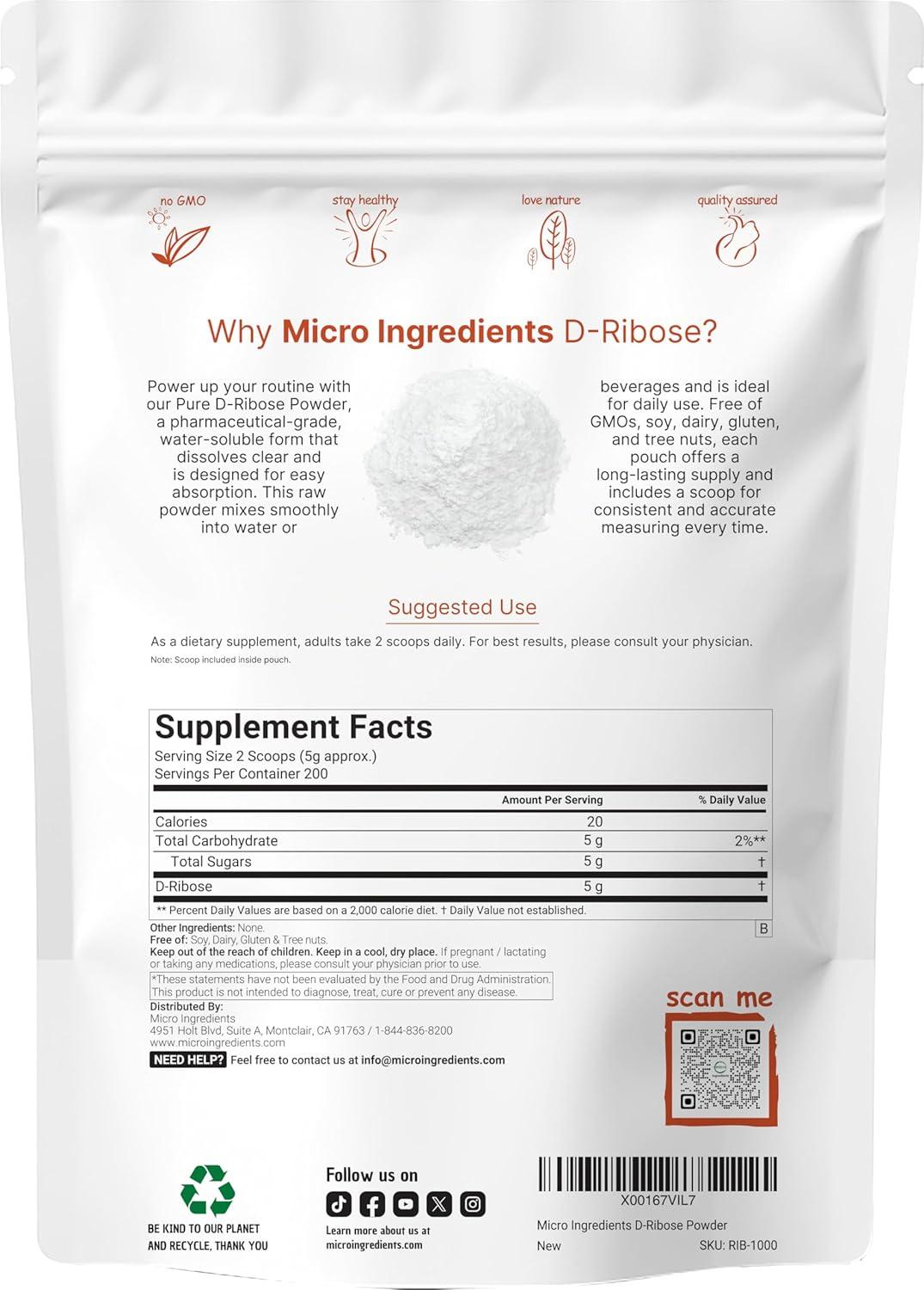 image:imagePure D Ribose Powder 1 KG 22 Pound amp 200 Servings Hair Support Supplement Natural Simple Sugar Dissolves Clear Pharmaceutical Grade Filler Free No GMOs No Gluten amp Water Soluble