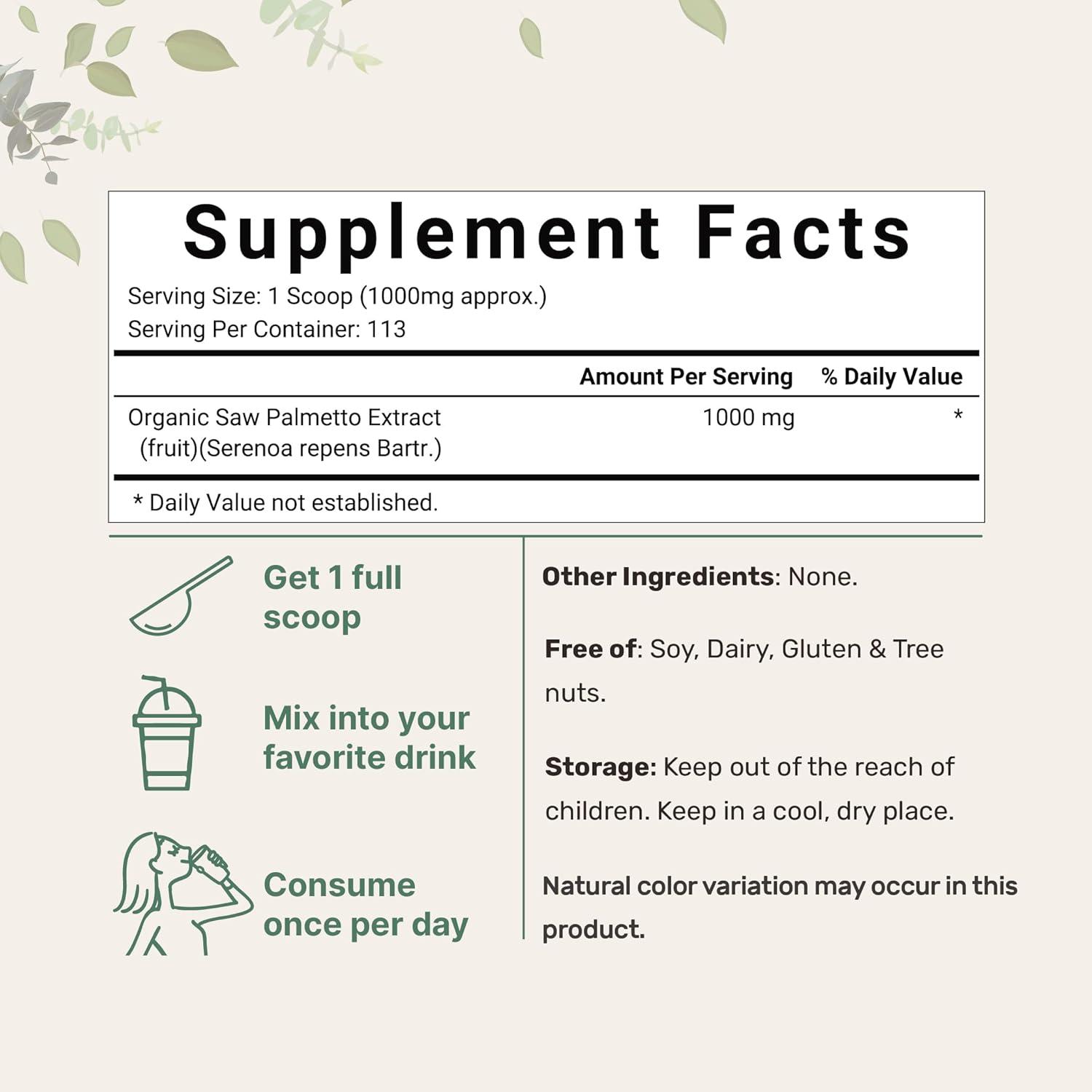 image:imageSustainably US Grown Organic Saw Palmetto Powder 4 Ounce with Active Fatty Acid Pure Saw Palmetto Prostate amp Hair Growth Supplement Healthy Urination Frequency amp Hair Loss Blocker Supplement