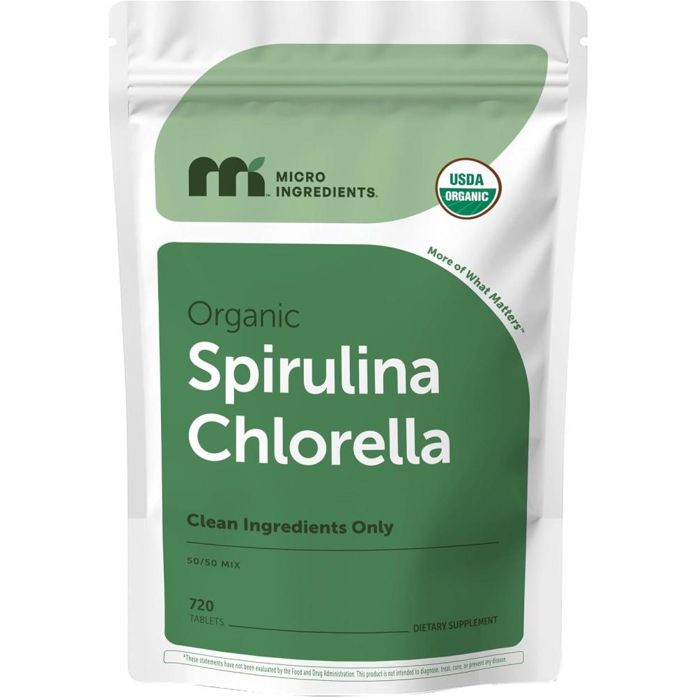 image:imageMicro Ingredients Organic Spirulina Chlorella Tablets 720 Count 4 Month Supply 5050 Algae Blend Broken Cell Wall NonGMO Filler Free