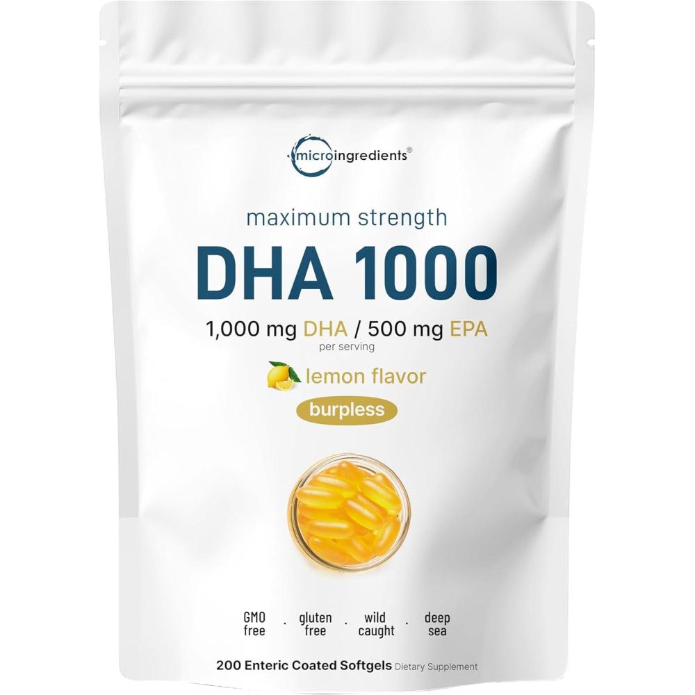 image:imageOmega 3 Fish Oil DHA Supplements 1000mg with EPA 500mg 200 Softgels  Lemon Flavored Burpless Enteric Coated  Deep Sea Fresh Fish Wild Caught from Norwegian Waters  Mercury Free