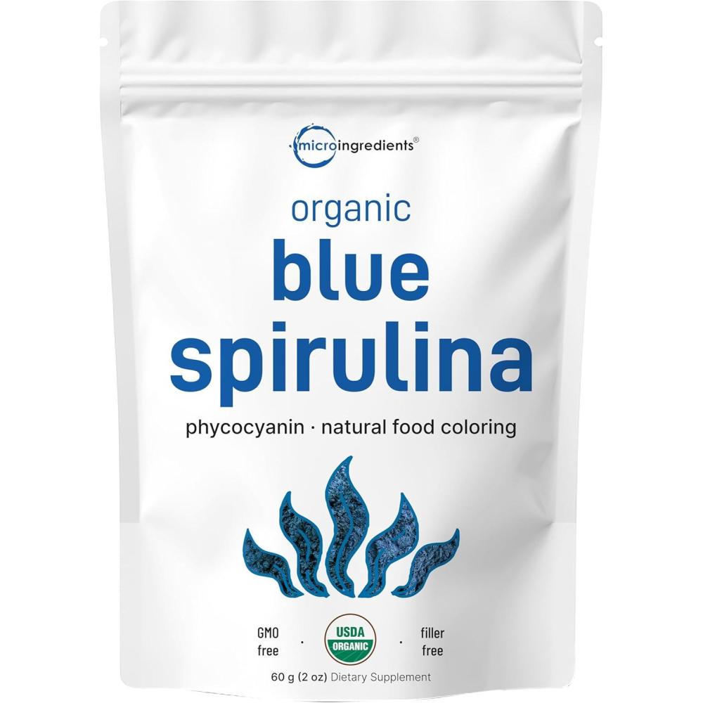 image:imageOrganic Blue Spirulina Powder Phycocyanin Extract 60 Servings  No Fishy Smell 100 Vegan Protein from BlueGreen Algae Natural Luminous Food Coloring for Smoothies Baking Drinks amp Cooking212 Ounce Pack of 1