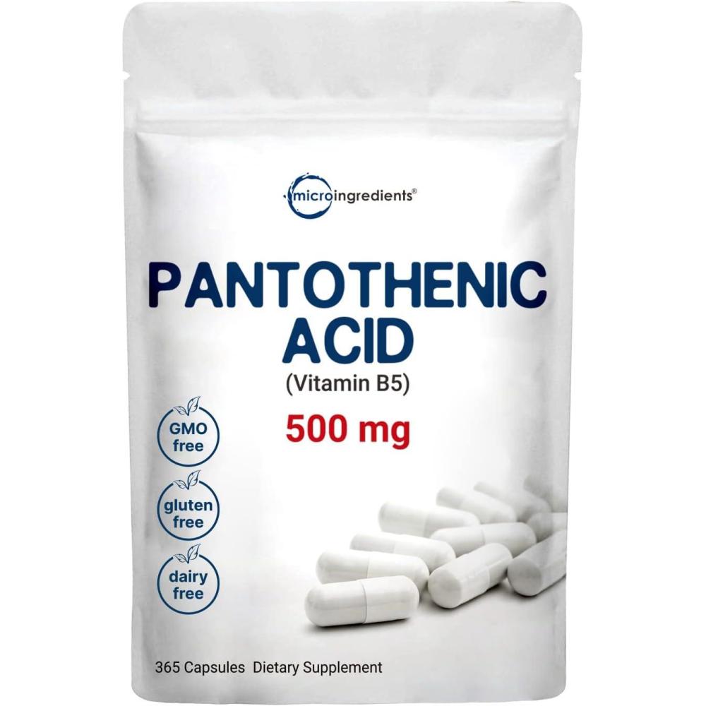image:imagePantothenic Acid Vitamin B5 Supplement Vitamin B5 500mg Per Count 365 Capsules 1 Year Supply BComplex Vitamin Support Energy Production and Nervous System NonGMO