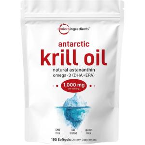 Micro Ingredients Antarctic Krill Oil Supplement, 1000mg Per Serving, 300 Soft-Gels, Rich in Omega-3s EPA, DHA & Natural Astaxanthin, Supports Immune System & Brain Health, Easy to Swallow(150 Count (Pack of 1))