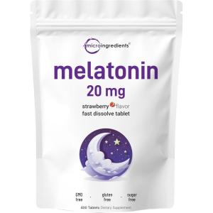 Micro Ingredients Melatonin 20mg, 400 Tablets | Strawberry Flavor | Fast Dissolve | 100% Drug Free | Vegetarian Friendly | Non-GMO, No Gluten, Sugar Free