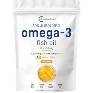 Micro Ingredients Triple Strength Omega 3 Fish Oil Supplements 4200mg Per Serving, 240 Softgels – Lemon Flavored – Burpless | EPA 1200mg + DHA 900mg | Deep Sea Fish(240 Count (Pack of 1))