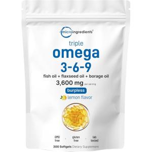 Ultra Omega 3-6-9 3600mg Per Serving, 300 Burpless Softgels | Lemon Flavor – Blend of Fish, Flaxseed, Borage Oils | Bioavailable Source, Non-GMO, No Gluten, Mercury Free