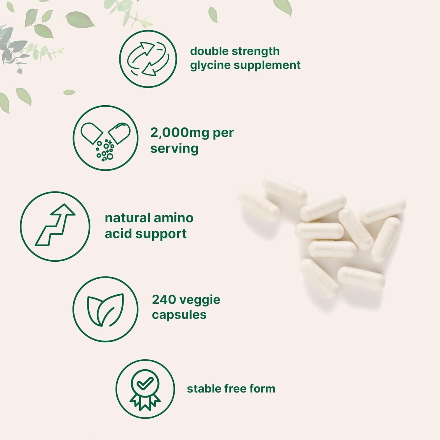 image:imageGlycine 2000mg Per Serving 240 Veggie Capsules Free Form Double Strength Amino Acids Restful Sleep and Neurotransmitter Support Supplements NonGMO Gluten Free