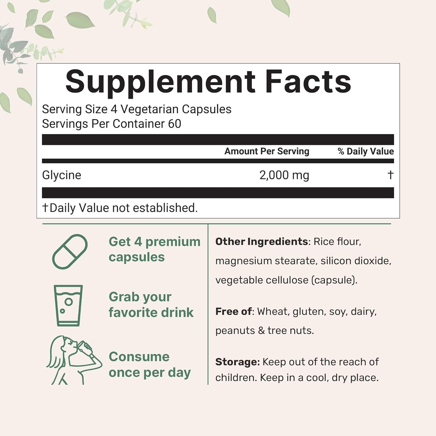 image:imageGlycine 2000mg Per Serving 240 Veggie Capsules Free Form Double Strength Amino Acids Restful Sleep and Neurotransmitter Support Supplements NonGMO Gluten Free