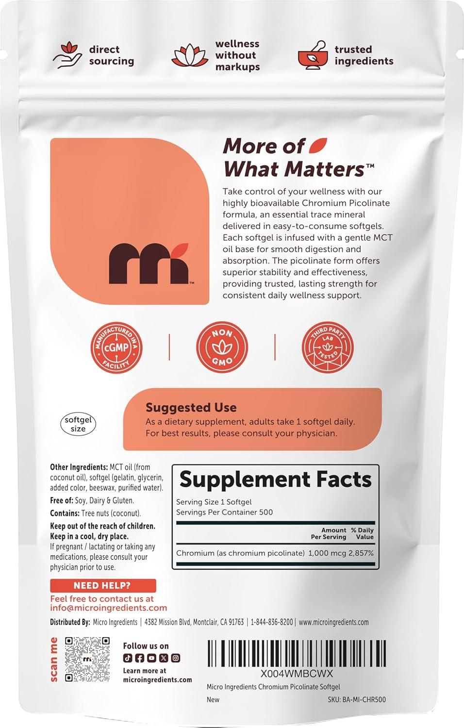 image:imageMicro Ingredients Chromium Picolinate 1000 mcg Per Serving 500 Softgels 1 Year Supply Chelated Essential Mineral Supplement with MCT Oil NonGMO