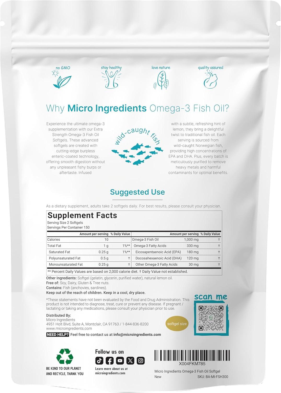 image:imageMicro Ingredients Extra Strength Omega 3 Fish Oil Supplements 1000mg Per Serving 300 Softgels Lemon Flavored Burpless EPA 180mg DHA 120mg Deep Sea Fish
