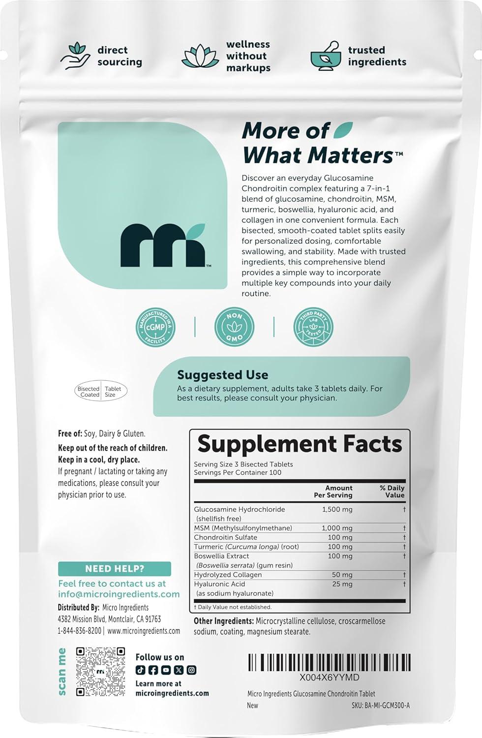 image:imageMicro Ingredients Glucosamine Chondroitin MSM and Turmeric Supplement 300 Bisected Tablets 1500 mg Glucosamine Per Serving 7in1 with Boswellia Hyaluronic Acid amp Collagen Complex