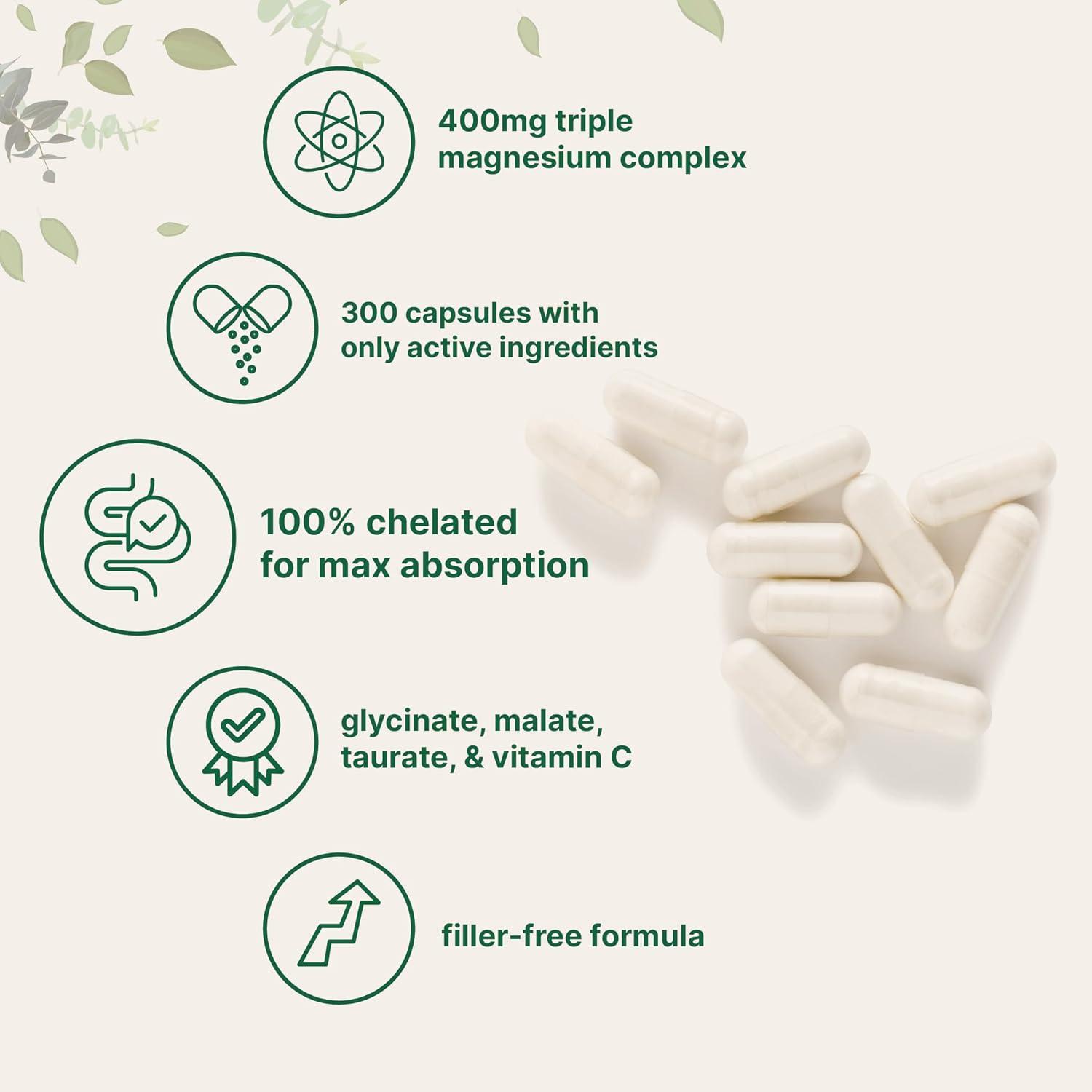 image:imageMicro Ingredients Pure Magnesium Complex 300 Capsules Triple Magnesium Glycinate Malate Taurate with Vitamin C 100 Chelated Supports Muscles Nerves amp Energy Only Active Ingredients