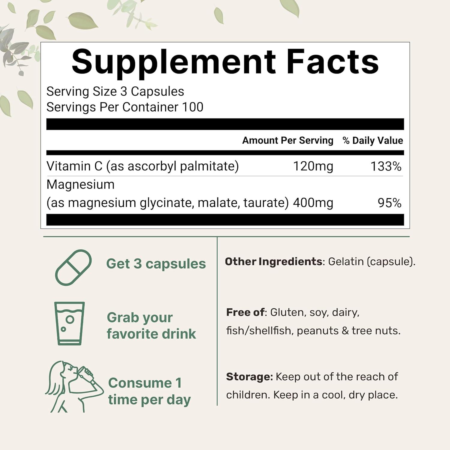 image:imageMicro Ingredients Pure Magnesium Complex 300 Capsules Triple Magnesium Glycinate Malate Taurate with Vitamin C 100 Chelated Supports Muscles Nerves amp Energy Only Active Ingredients