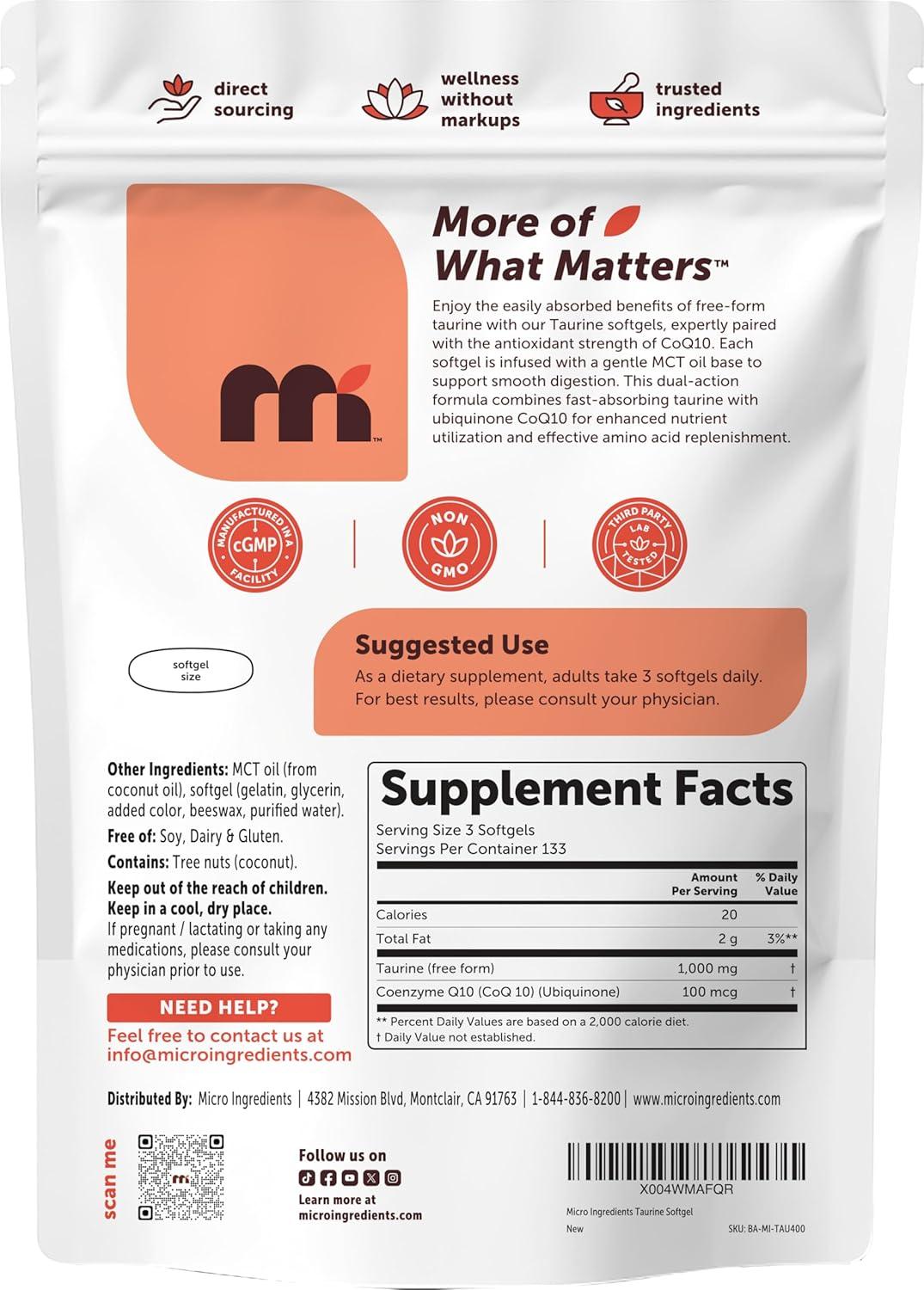 image:imageMicro Ingredients Taurine 1000 mg Per Serving 400 Softgels Amino Acid Supplement with CoQ10 100 Pure Easily Absorbed Free Form Made with MCT Oil 4 Month Supply NonGMO
