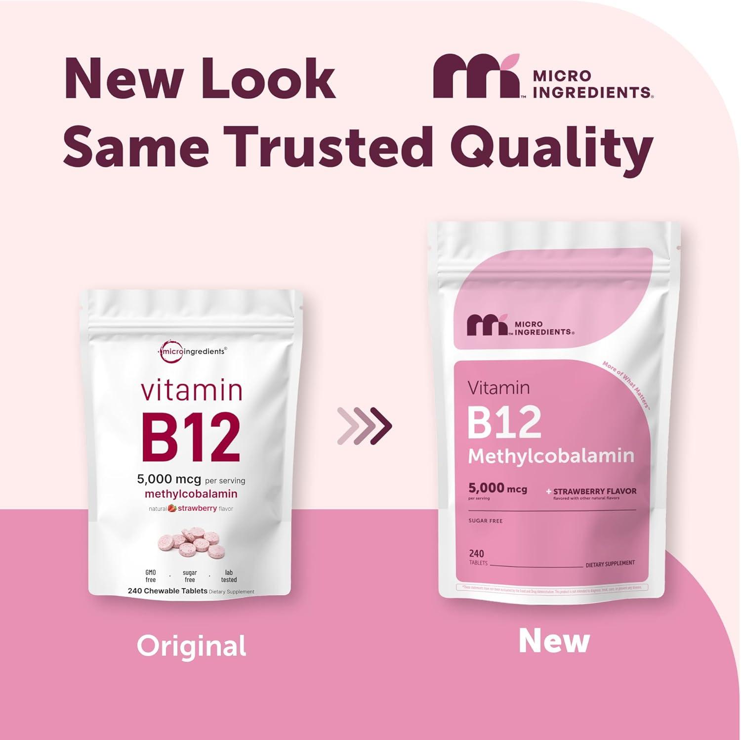image:imageMicro Ingredients Vitamin B12 5000 mcg Methylcobalamin 240 Chewable Tablets Fast Dissolve Natural Strawberry Flavor Vegan NonGMO Gluten Free