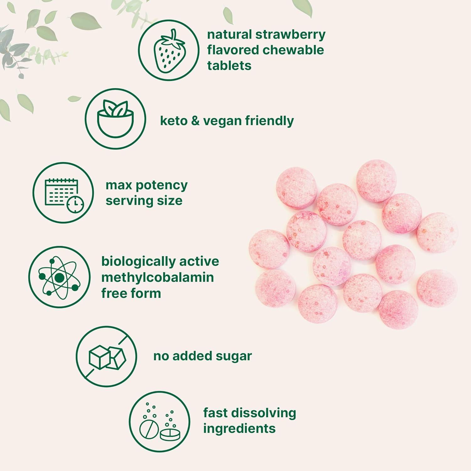 image:imageMicro Ingredients Vitamin B12 5000 mcg Methylcobalamin 240 Chewable Tablets Fast Dissolve Natural Strawberry Flavor Vegan NonGMO Gluten Free