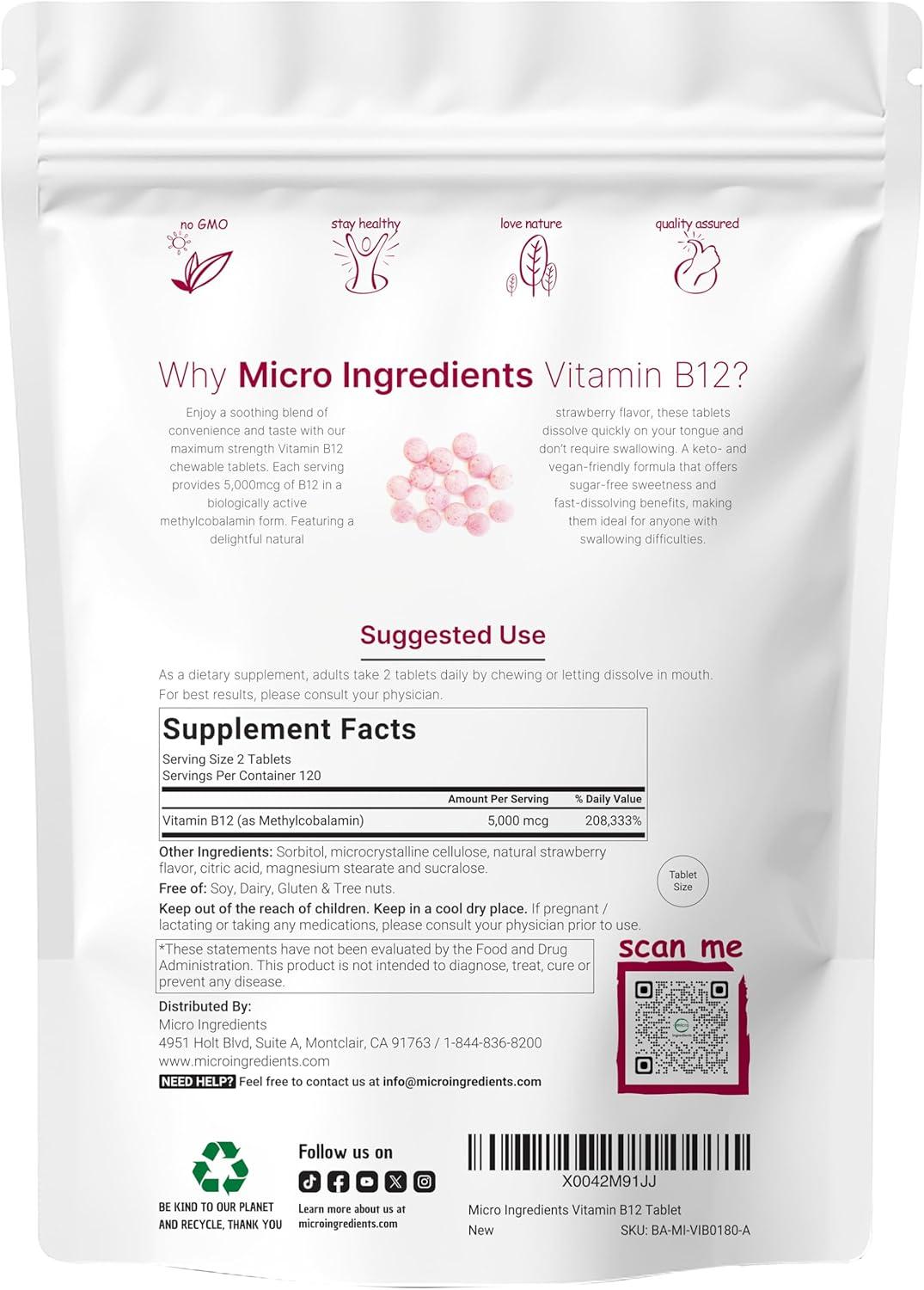 image:imageMicro Ingredients Vitamin B12 5000 mcg Methylcobalamin 240 Chewable Tablets Fast Dissolve Natural Strawberry Flavor Vegan NonGMO Gluten Free