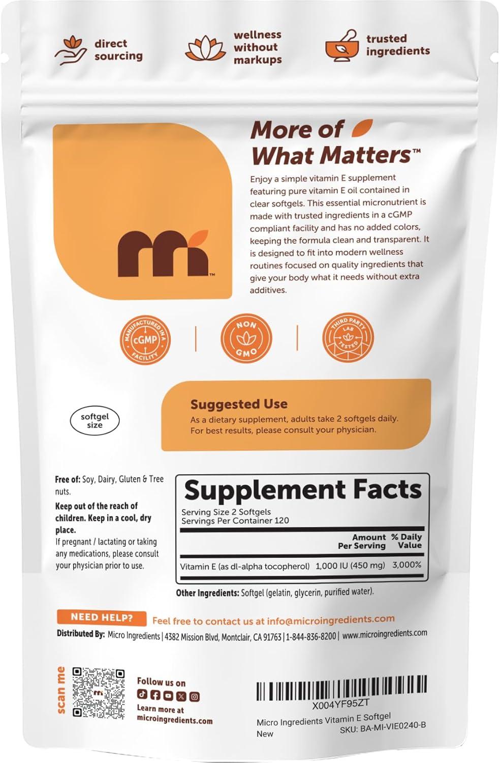 image:imageMicro Ingredients Vitamin E 1000 IU 450 mg Per Serving 240 Softgels Daily Vitamin E Supplement 4Month Supply NonGMO Gluten Free