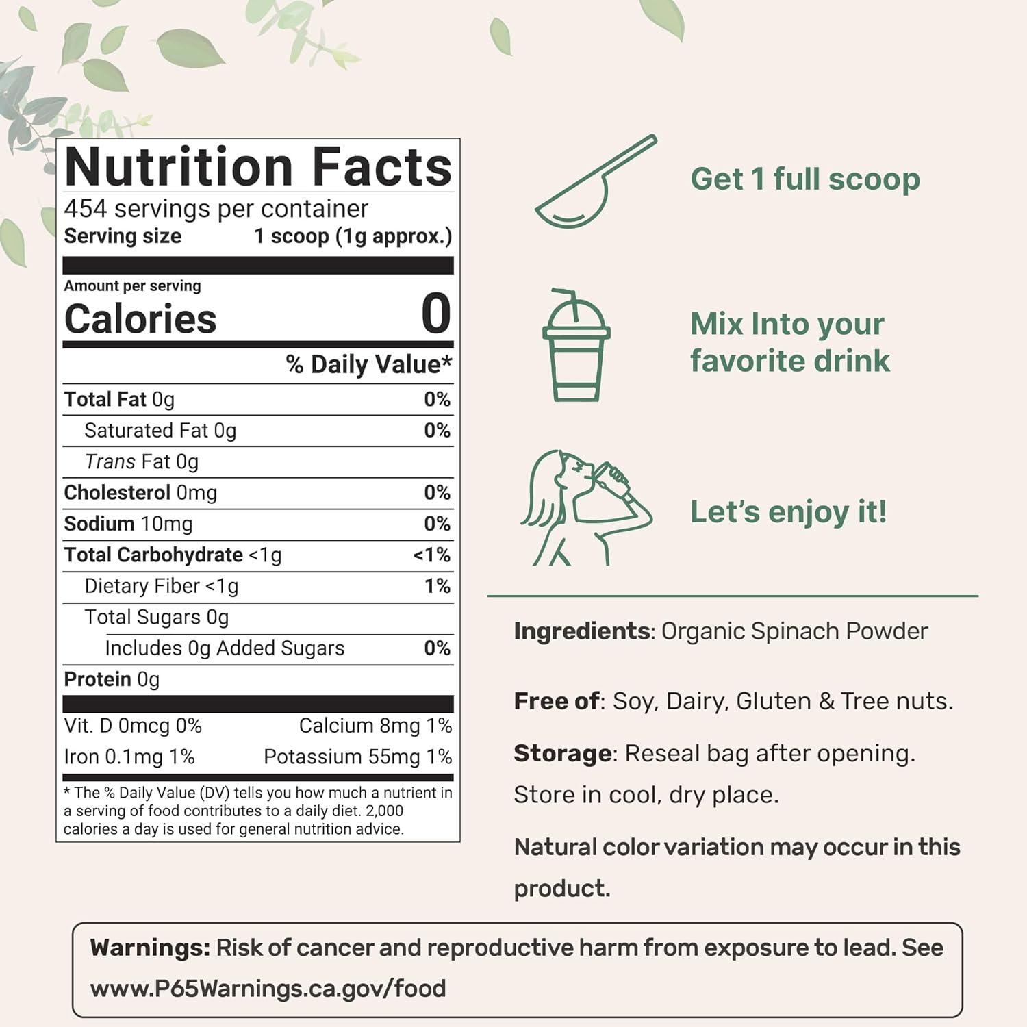 image:imageSustainably US Grown Organic Spinach Powder 1 Pound Freeze Dried from Whole Leaf Rich in Beneficial Thylakoids and Chlorophyll Contains Multivitamins NonGMO Vegan Friendly