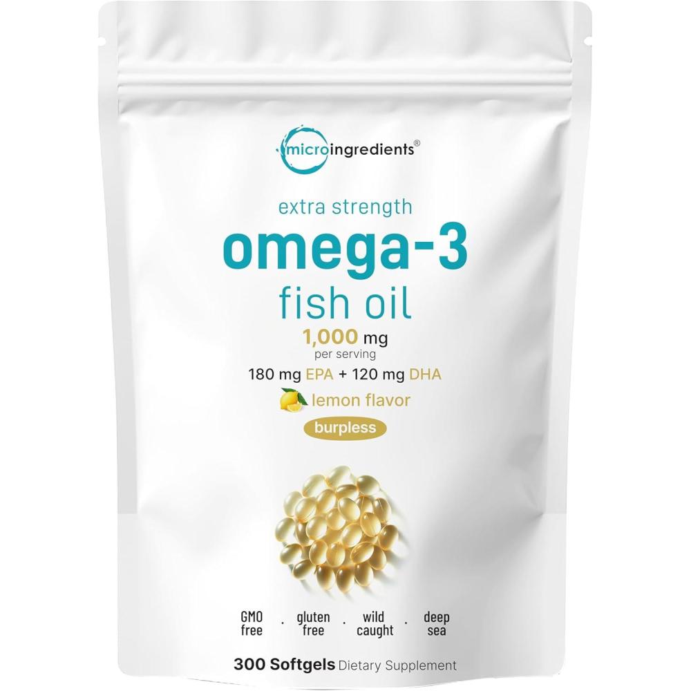 image:imageMicro Ingredients Extra Strength Omega 3 Fish Oil Supplements 1000mg Per Serving 300 Softgels  Lemon Flavored  Burpless  EPA 180mg  DHA 120mg  Deep Sea Fish