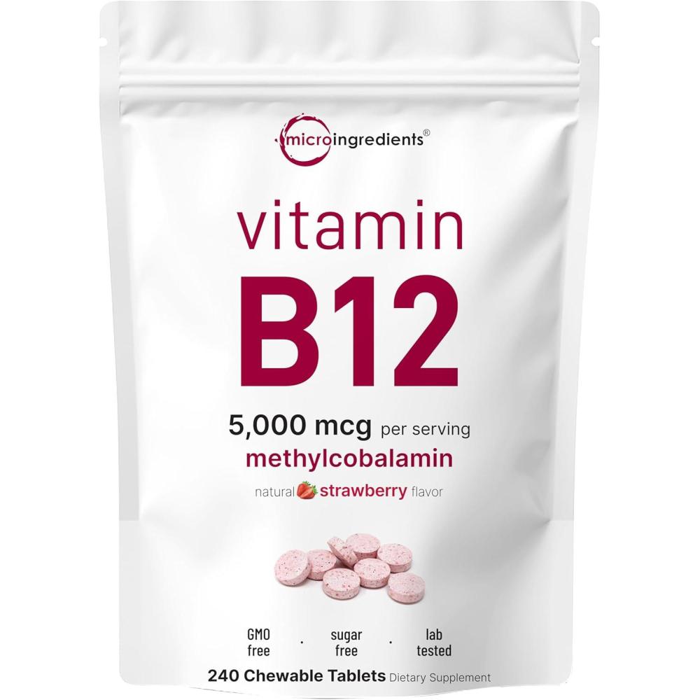 image:imageMicro Ingredients Vitamin B12 5000 mcg  Methylcobalamin  240 Chewable Tablets  Fast Dissolve Natural Strawberry Flavor  Vegan NonGMO Gluten Free