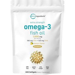 Micro Ingredients Extra Strength Omega 3 Fish Oil Supplements 1,000mg Per Serving, 300 Softgels | Lemon Flavored | Burpless | EPA 180mg + DHA 120mg | Deep Sea Fish