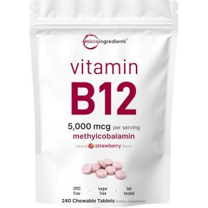 Micro Ingredients Vitamin B12 5,000 mcg | Methylcobalamin – 240 Chewable Tablets | Fast Dissolve, Natural Strawberry Flavor | Vegan, Non-GMO, Gluten Free
