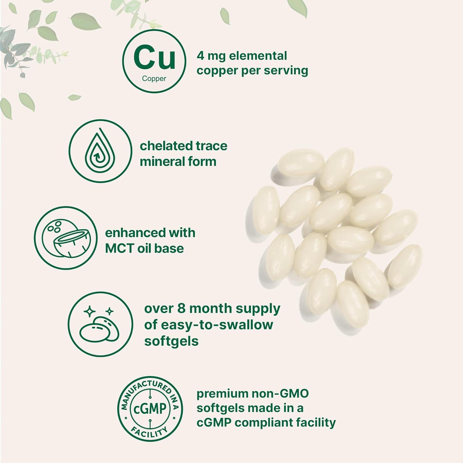 image:imageCopper Glycinate with MCT Oil 500 Softgels 4 mg Elemental Copper Per Serving Chelated Copper Mineral Supplement Essential Trace Mineral NonGMO cGMP Manufactured