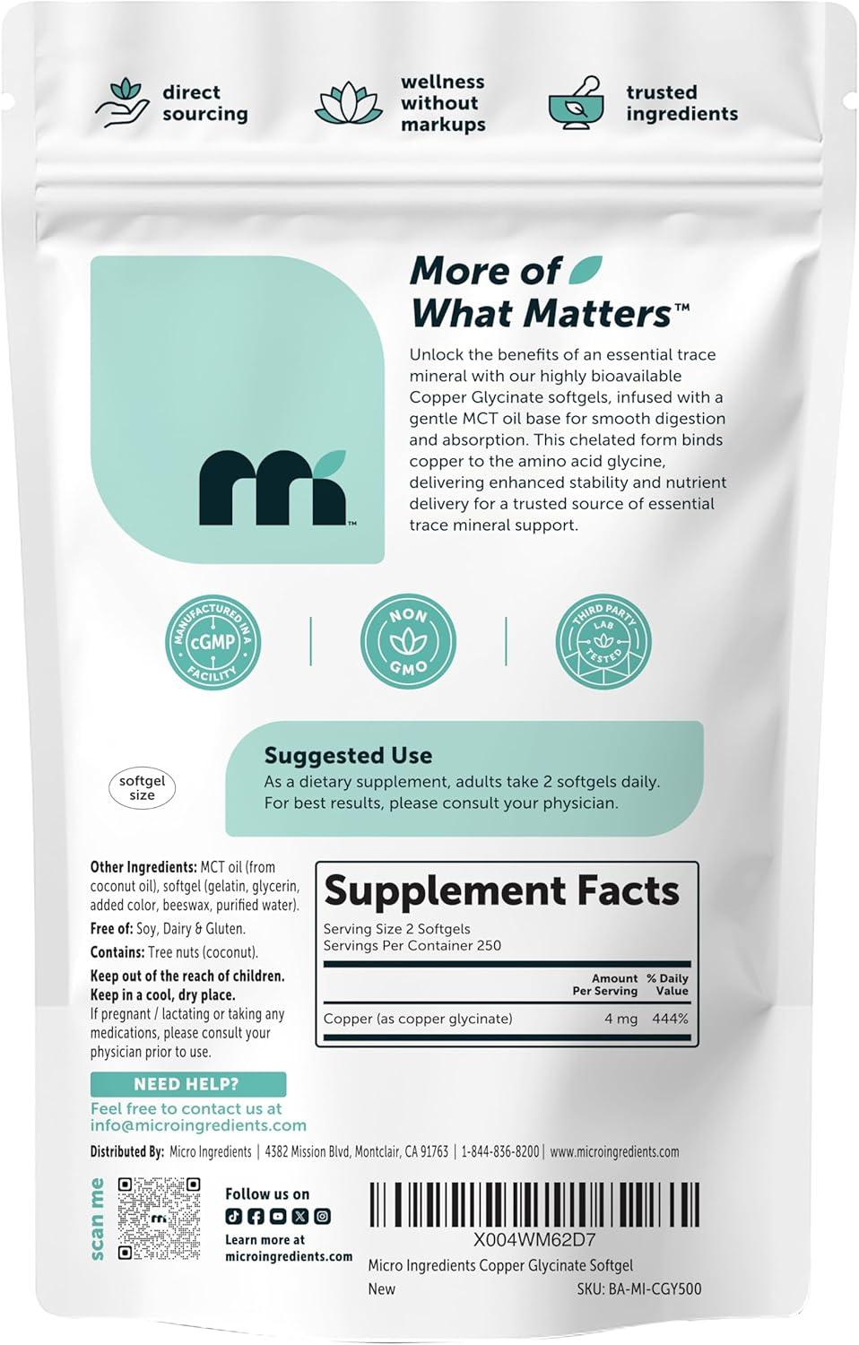 image:imageCopper Glycinate with MCT Oil 500 Softgels 4 mg Elemental Copper Per Serving Chelated Copper Mineral Supplement Essential Trace Mineral NonGMO cGMP Manufactured
