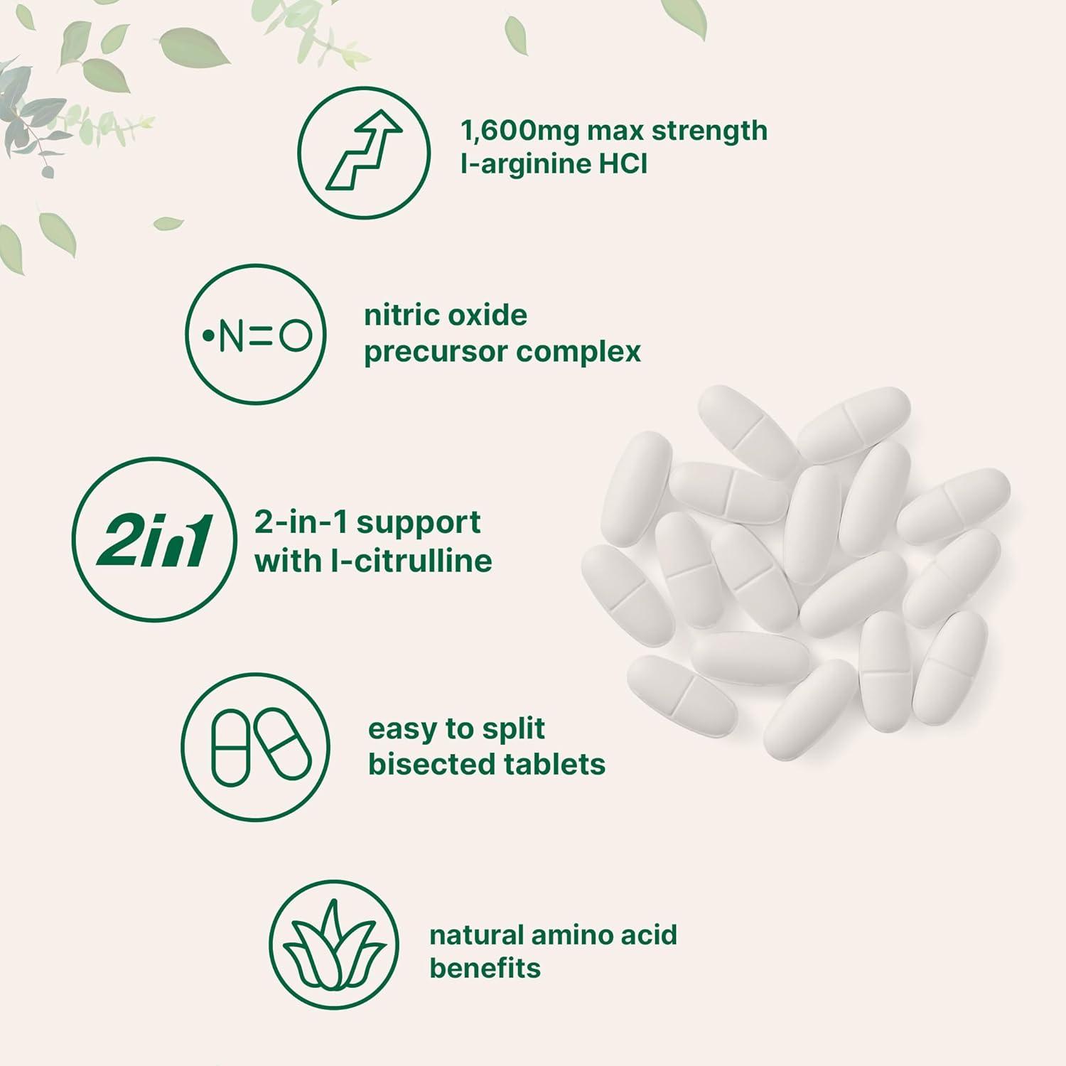 image:imageLArginine 1600mg Nitric Oxide Supplement for Men with LCitrulline 240 Bisected Tablets Nitric Oxide Precursor Muscle Energy amp Heart Support NonGMO Gluten Free 4 Month Supply