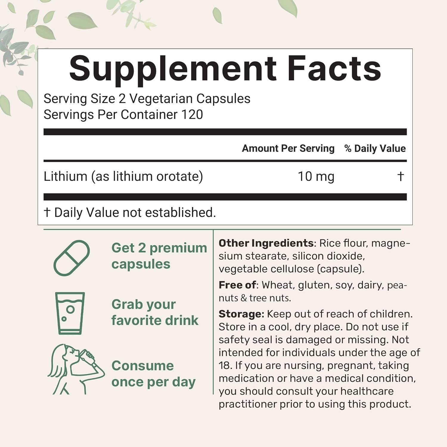 image:imageLithium Orotate 10mg 240 Veggie Capsules 5mg Per Capsules High Bioavailability Trace Mineral Healthy Aging Brain Supplement amp Mood Support NonGMO Gluten Free