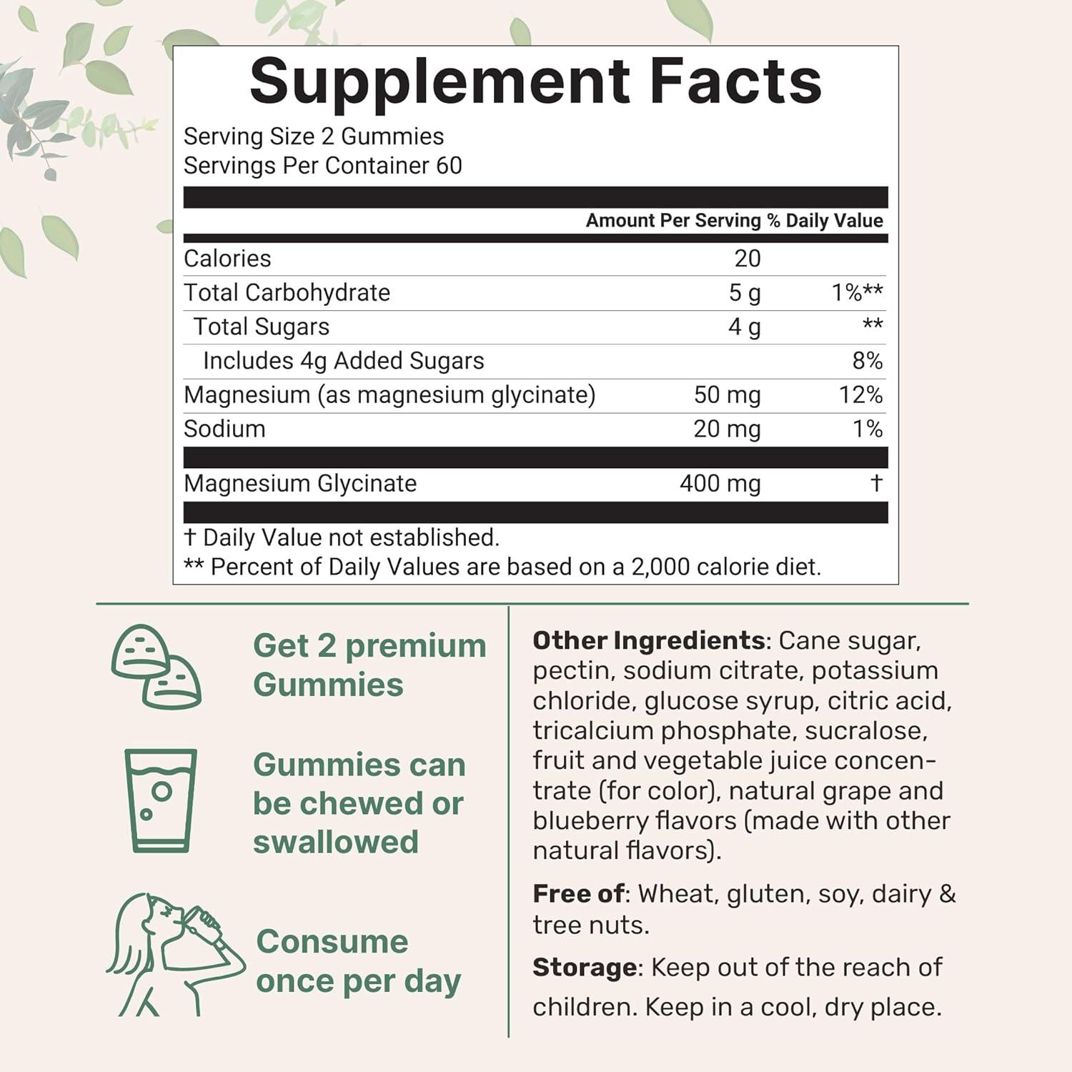 image:imageMagnesium Glycinate Gummies 400mg Per Serving 120 Count Natural Grape Blueberry Flavor Potent Elemental Form Chelated for High Absorption Healthy Muscle Bones amp Mood Support Supplement