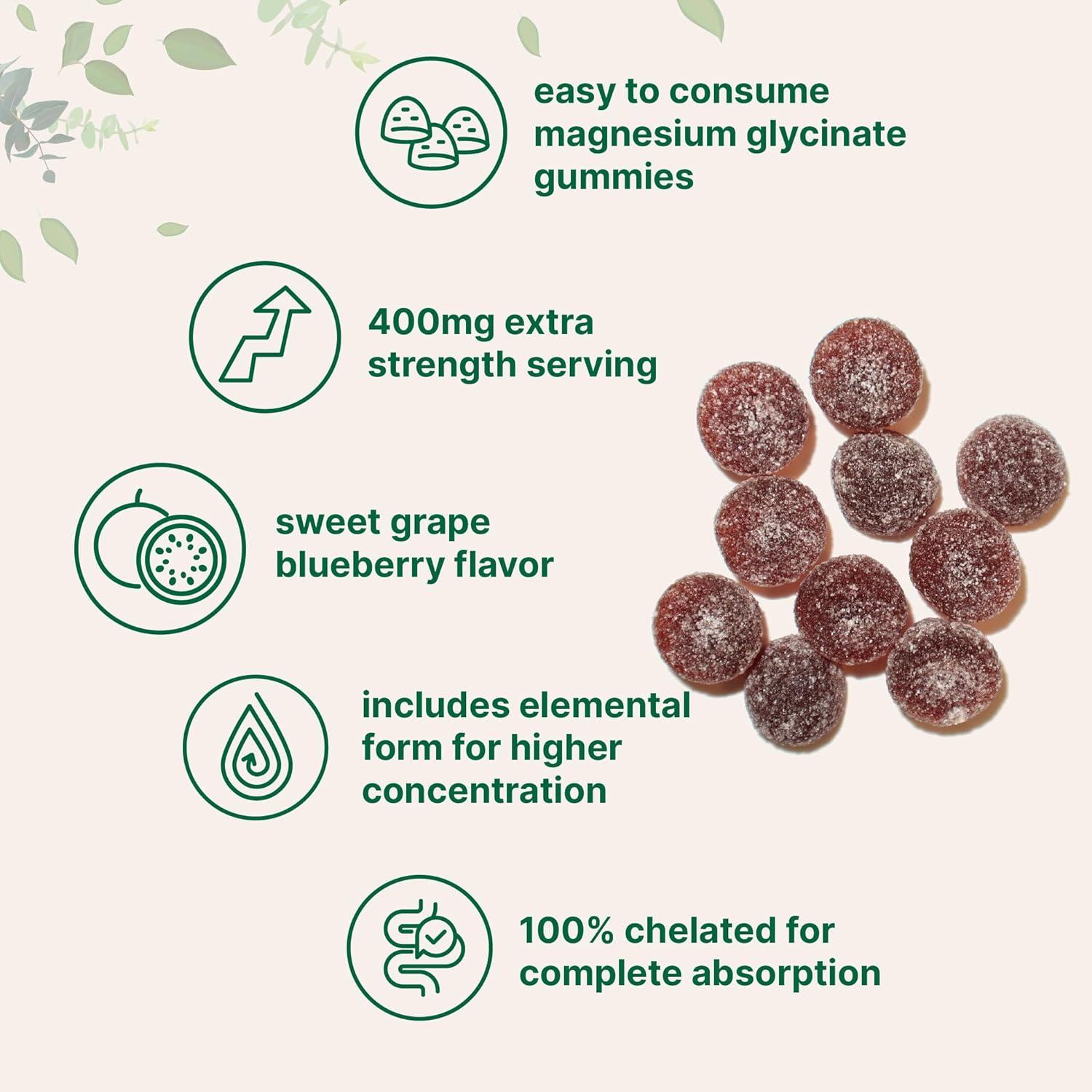 image:imageMagnesium Glycinate Gummies 400mg Per Serving 120 Count Natural Grape Blueberry Flavor Potent Elemental Form Chelated for High Absorption Healthy Muscle Bones amp Mood Support Supplement