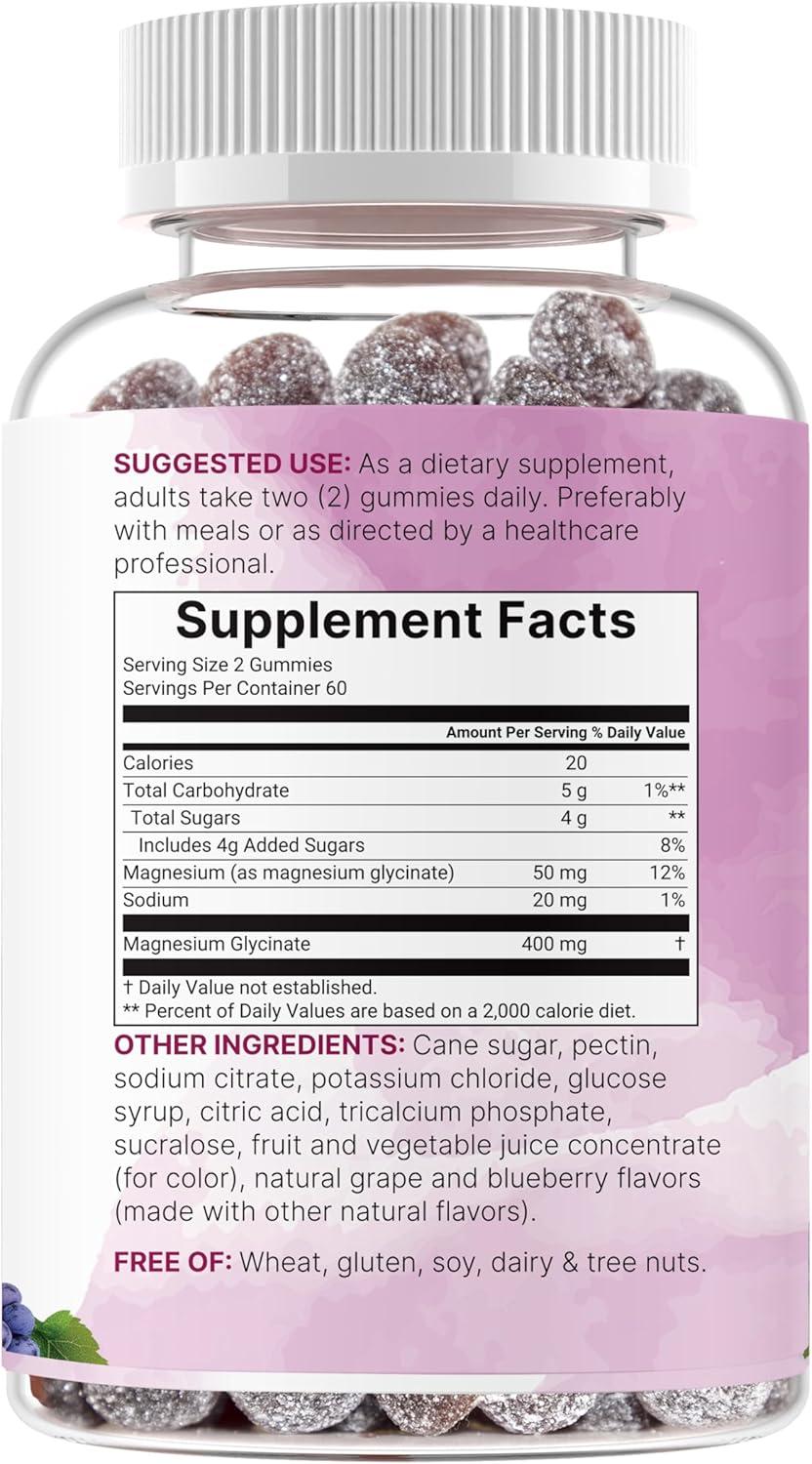 image:imageMagnesium Glycinate Gummies 400mg Per Serving 120 Count Natural Grape Blueberry Flavor Potent Elemental Form Chelated for High Absorption Healthy Muscle Bones amp Mood Support Supplement