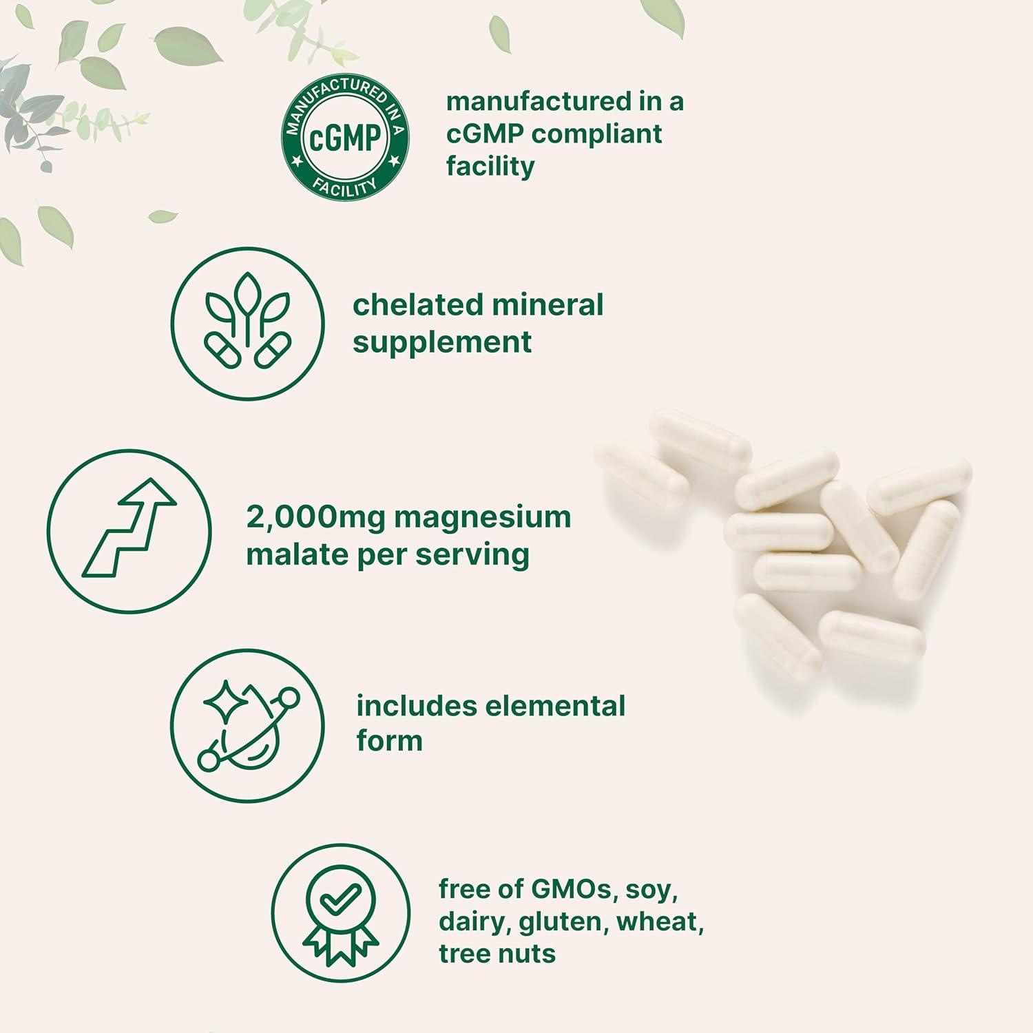image:imageMagnesium Malate 2000mg 240 Capsules Magnesium Supplement with Elemental Form Chelated Mineral Supplements NonGMO Gluten Free
