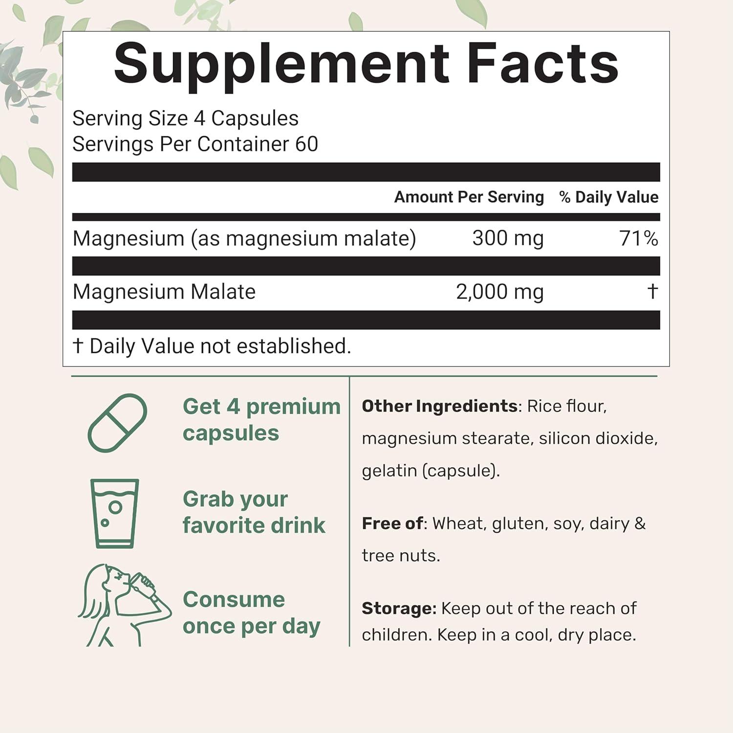 image:imageMagnesium Malate 2000mg 240 Capsules Magnesium Supplement with Elemental Form Chelated Mineral Supplements NonGMO Gluten Free