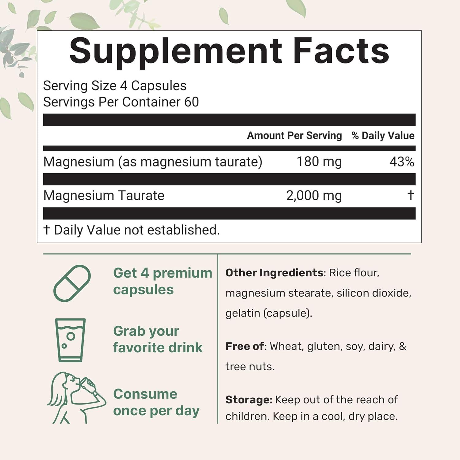 image:imageMagnesium Taurate 2000mg 240 Capsules Highly Bioavailable Chelated Magnesium Supplement Mineral Supplements for Men amp Women NonGMO Gluten Free
