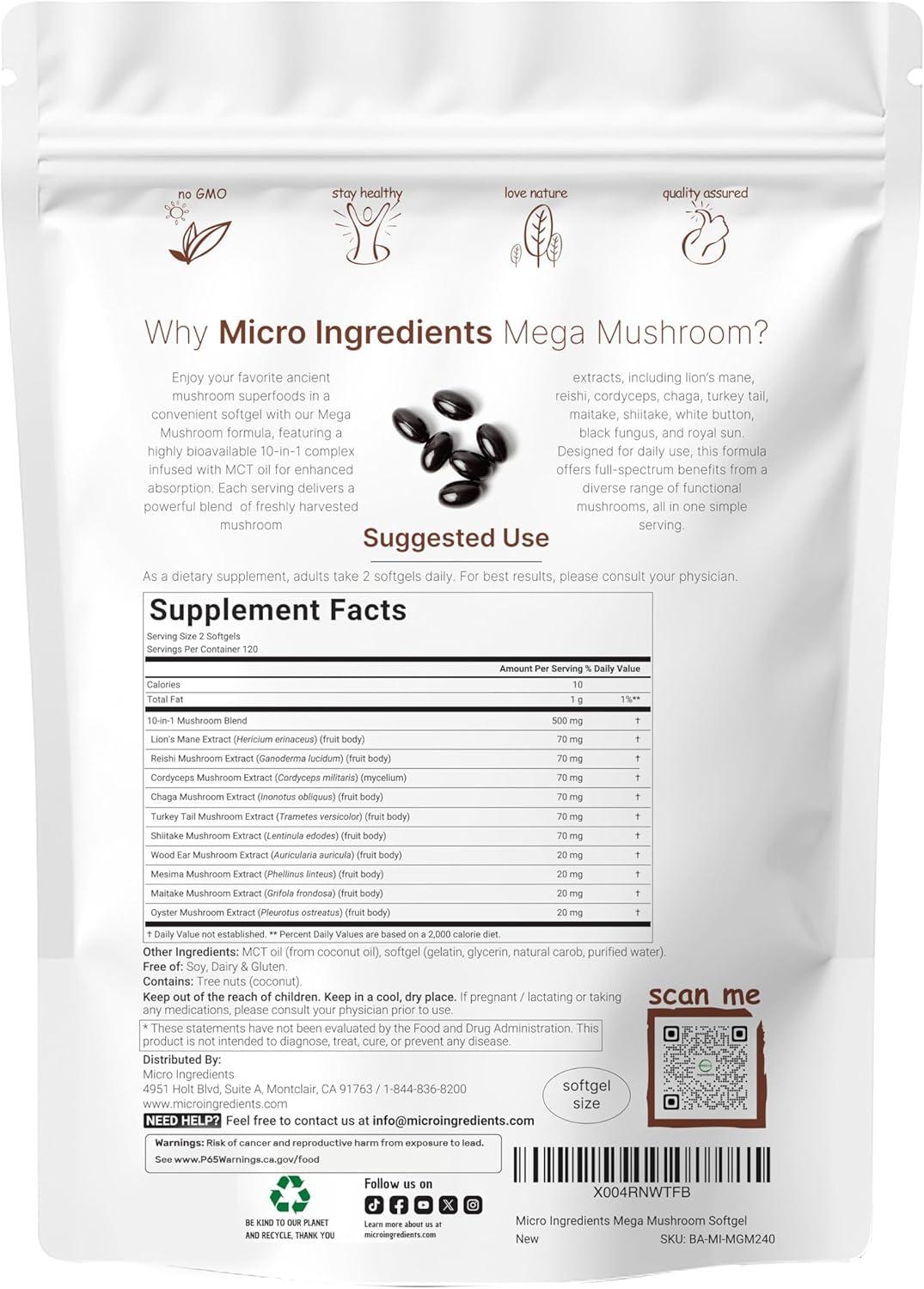 image:imageMicro Ingredients 10in1 Mega Mushroom Complex Supplement Lions Mane Cordyceps Reishi Chaga amp More 240 Softgels with MCT Oil 4 Month Supply Adaptogenic Functional Mushroom Blend