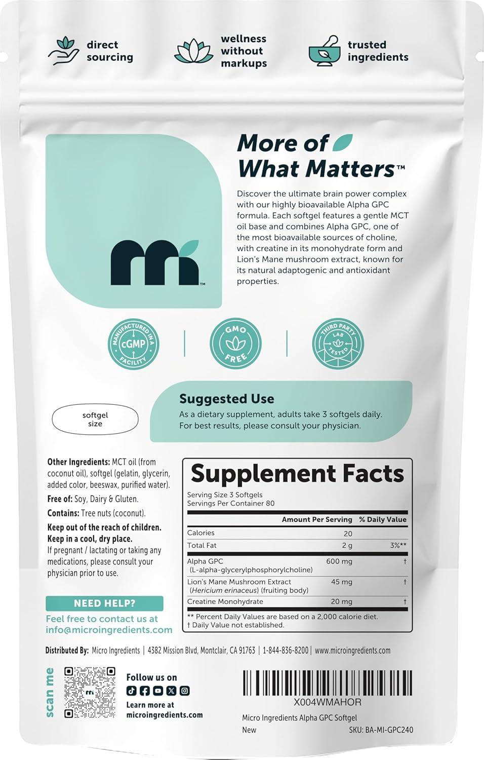 image:imageMicro Ingredients Alpha GPC 600mg per Serving with MCT Oil 240 Softgels Bioavailable Choline Supplement with Creatine Monohydrate amp Lions Mane NonGMO cGMP Manufactured