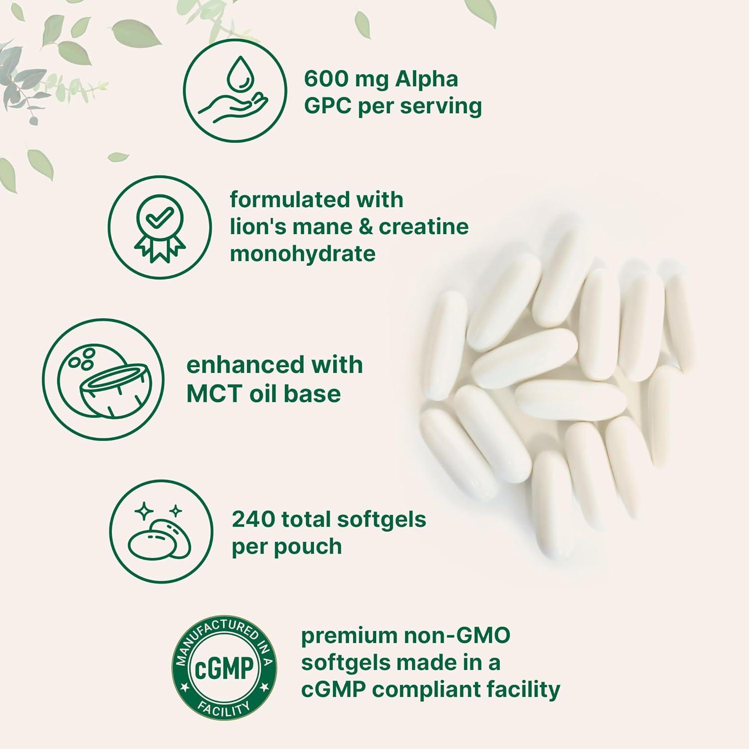 image:imageMicro Ingredients Alpha GPC 600mg per Serving with MCT Oil 240 Softgels Bioavailable Choline Supplement with Creatine Monohydrate amp Lions Mane NonGMO cGMP Manufactured