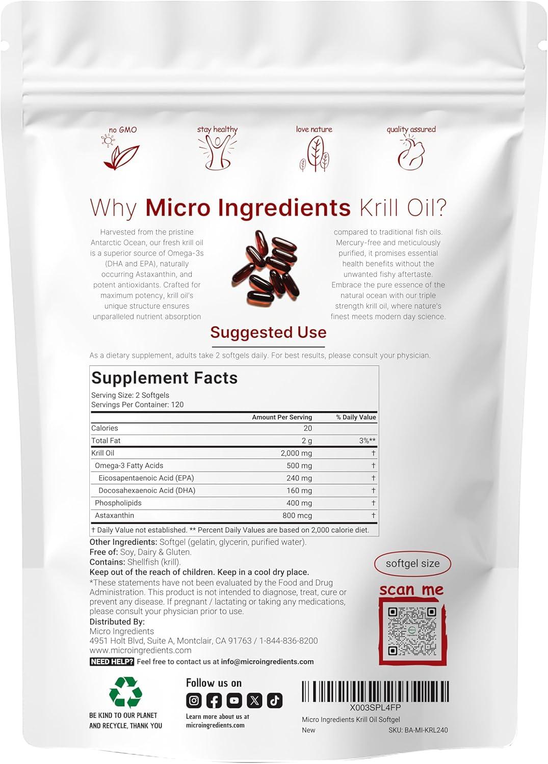 image:imageMicro Ingredients Antarctic Krill Oil Supplement 2000mg Per Serving 120 Softgels Triple Strength Rich in Omega3s EPA DHA amp Natural Astaxanthin Supports Immune System amp Brain Health240 Count Pack of 1