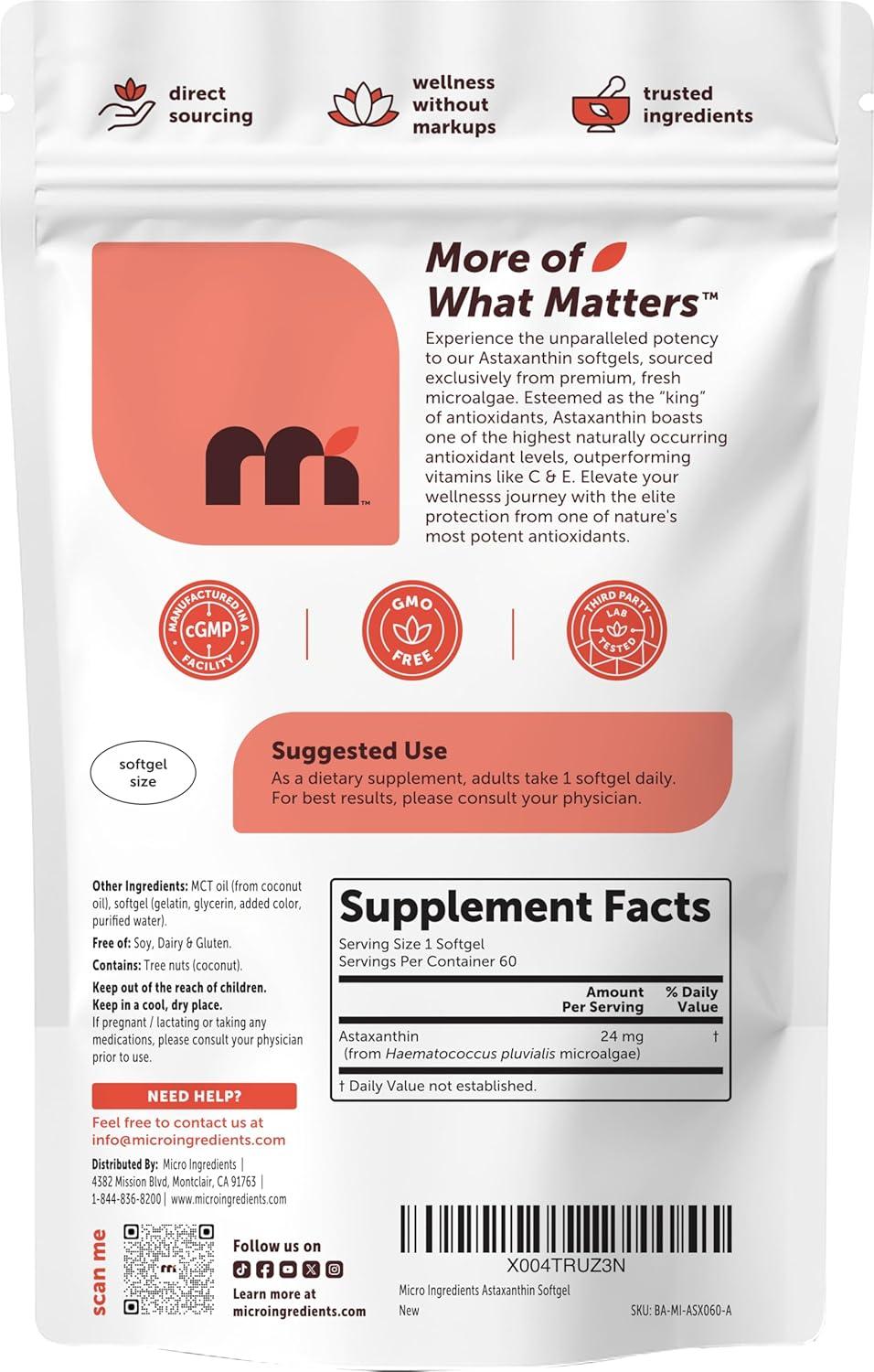 image:imageMicro Ingredients Astaxanthin 24mg with MCT Oil 30 Softgels Max Strength Astaxanthin Antioxidant Supplements Fresh Microalgae Source NonGMO Gluten Free No Soy60 Count Pack of 1