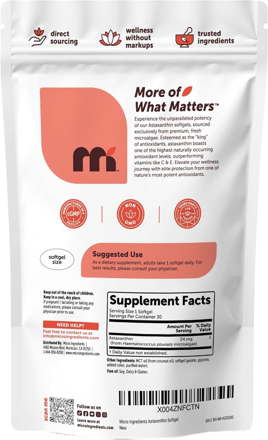 image:imageMicro Ingredients Astaxanthin 24mg with MCT Oil 30 Softgels Max Strength Astaxanthin Antioxidant Supplements Fresh Microalgae Source NonGMO Gluten Free No Soy30 Count Pack of 1
