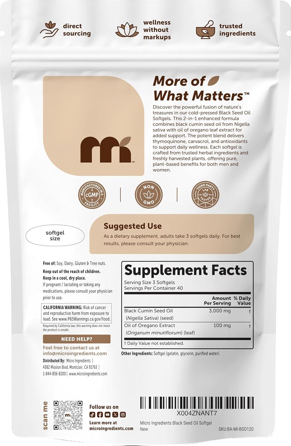 image:imageMicro Ingredients Black Seed Oil Softgels 3000mg 240 Count 2in1 Formula with Oil of Oregano Carvacrol amp Thymoquinone Plant Based NonGMO120 Count Pack of 1